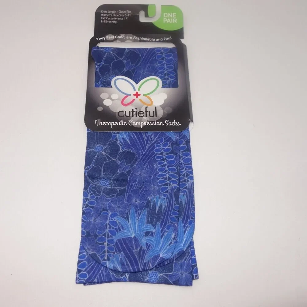 NEW Cutieful Therapeutic Compression Socks Fits Size 5-11 Blue Floral Flowers